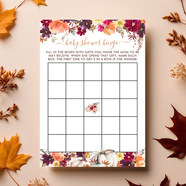 Carte de Bingo Baby shower Floral Little Citrouill (Little Pumpkin Fall Floral Baby Shower Bingo Card)