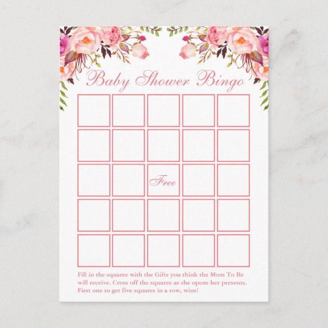 Carte de bingo Baby shower rose Aquarelle (Devant)