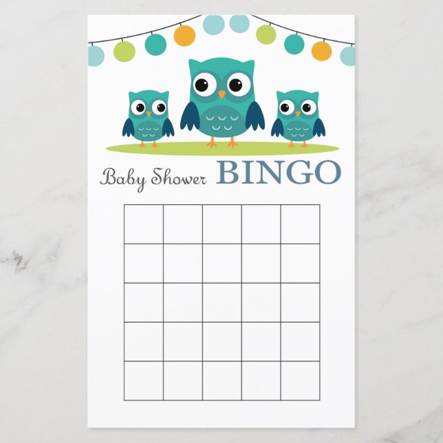 Carte de bingo de baby shower de hibou, bingo de b (Devant)