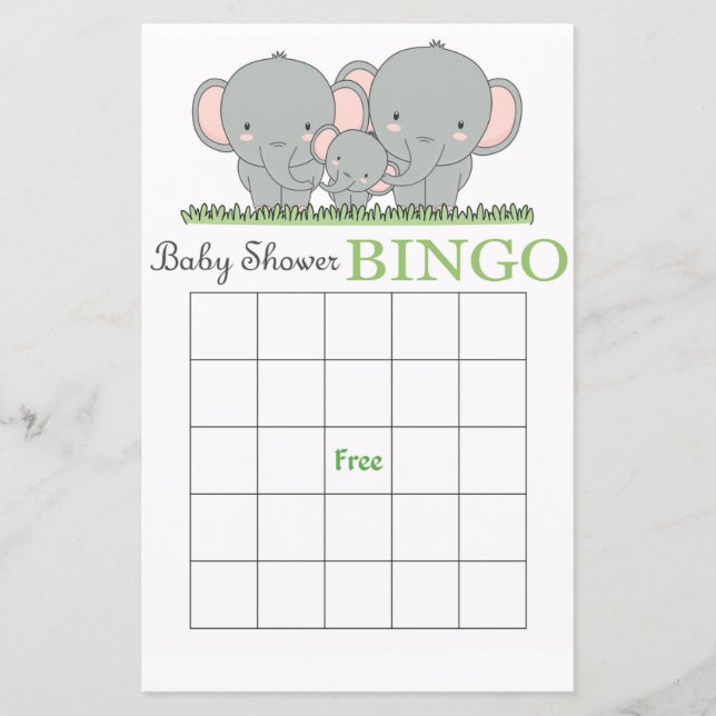 Carte de bingo de baby shower d'éléphant de famill (Devant)