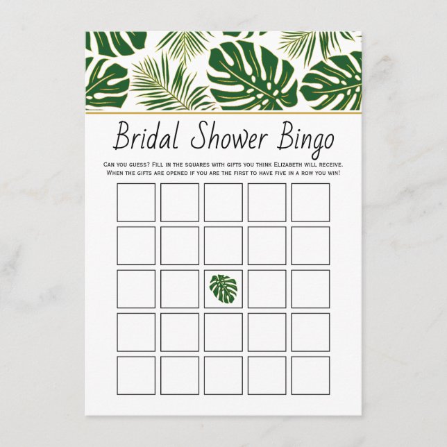 Carte de bingo de douche de mariée feuille tropica (Devant)