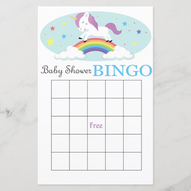 Carte de bingo du baby shower Unicorne (Devant)