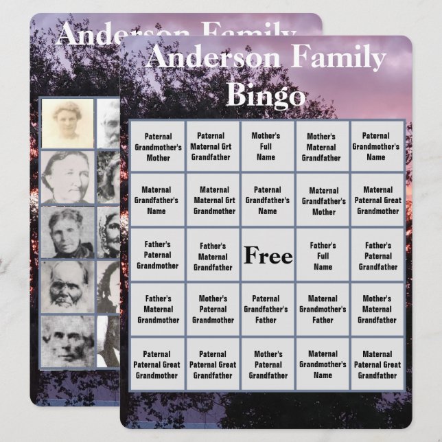 Carte De Bingo Familiale Avec Pink Purple Sunset P (Devant / Derrière)