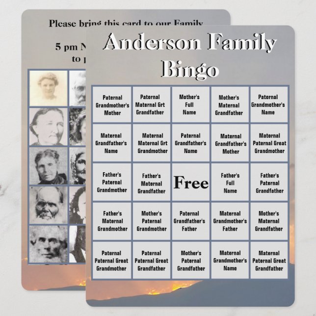 Carte de Bingo famille Coucher de soleil orange et (Devant / Derrière)