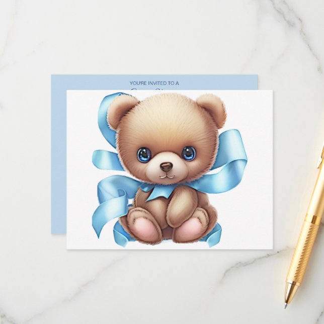 Carte de boîtier Baby shower bleu Teddy Bear Code  (Devant/Arrière en situation)