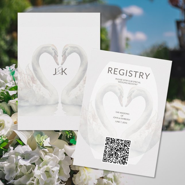 Carte de boîtier de code QR du Mariage de cygne ro (Romantic Swan Wedding QR Code Enclosure Card (front and back))