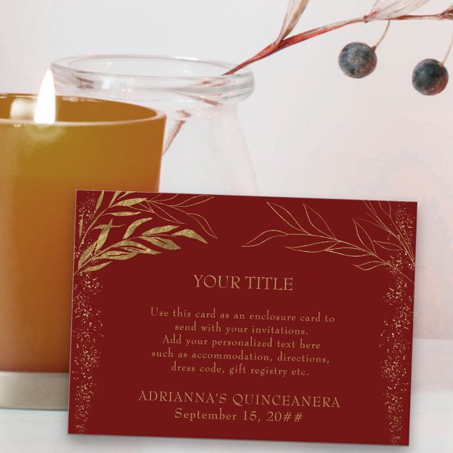 Carte de boîtier de réception personnalisée à feui (Quinceanera reception card in red and gold, from my Gold Leaf Collection
)