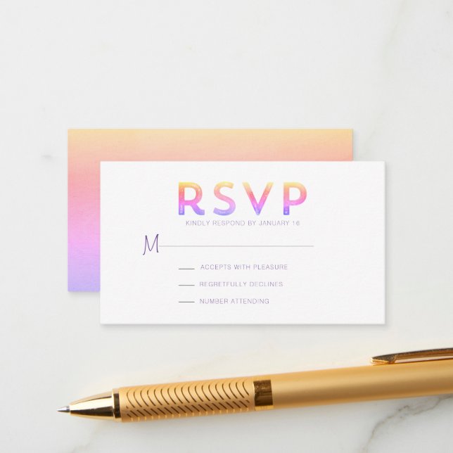 Carte de boîtier RSVP moderne à dégradé rose solei (Devant/Arrière en situation)