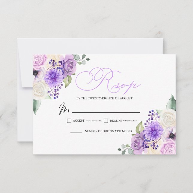 Carte de boîtier RSVP pour mariage floral pourpre (Devant)