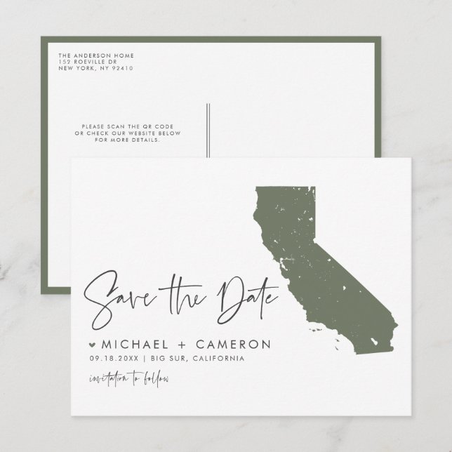 Carte de Californie en vert taupe avec code QR pou (Devant / Derrière)