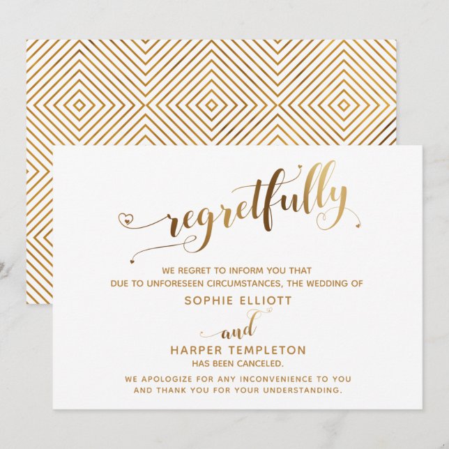 Carte de calligraphie dorée pour mariage annulé av (Devant / Derrière)