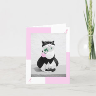 Carte de cancer du sein Chat et Rose rose; Rubans 