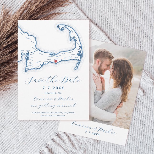 Carte de Cape Cod de Hyannis MA Marine Mariage ble (Hyannis MA Cape Cod Map Save the Date with Photo in Elegant Modern navy blue by Coastal Map Designs)