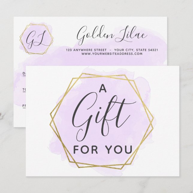 Carte de certificat-cadeau Purple Watercolor & Gol (Devant / Derrière)