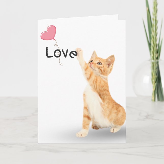 Carte de chat tabby d'amour avec ballon à coeur (Devant)