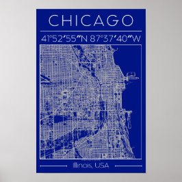Carte de Chicago Blueprint Affiche Bleue Minimalis