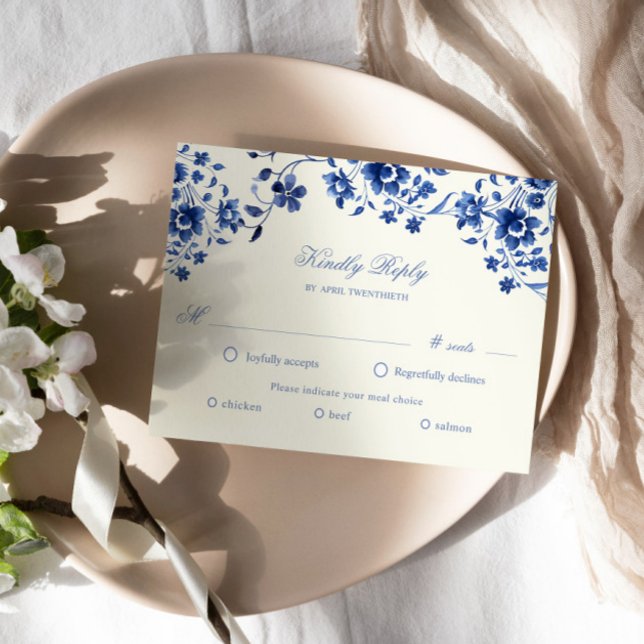 Carte de choix de repas RSVP Floral Deep Blue Chin (Créateur téléchargé)