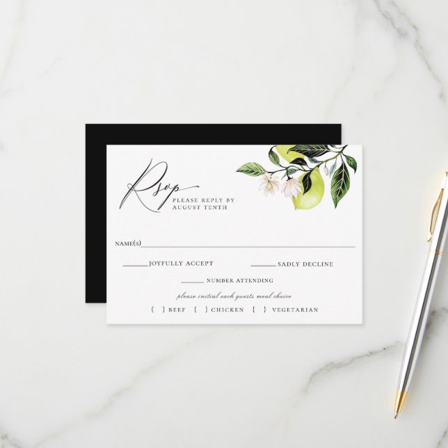 Carte de choix de repas RSVP pour mariage aux citr (Devant/Arrière en situation)