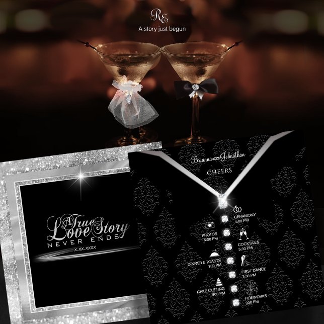 Carte de chronologie Diamond Cravate noire (Black Tie Diamond Timeline Card front and back view showcasing full wedding itinerary design.)