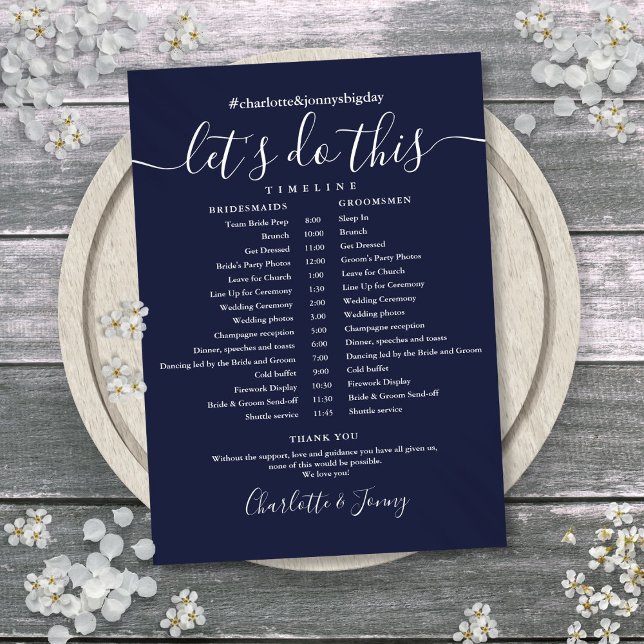 Carte de chronologie du calendrier du Mariage bleu (Navy Blue Wedding Schedule Timeline Card)