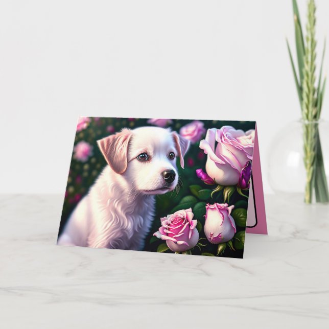 Carte de collection Chien blanc et Rose (Devant)