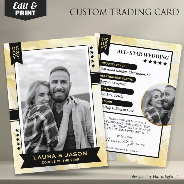 Carte de commerce Couple personnalisée, Merci Mari (Wedding Trading Card Template, Custom Couple Trading Card, Wedding Thank You Card Gold & Black)