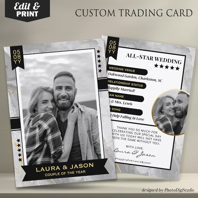 Carte de commerce Couple personnalisée, Merci Mari (Wedding Trading Card Template, Custom Couple Trading Card, Wedding Thank You Card Black Gold & Black)