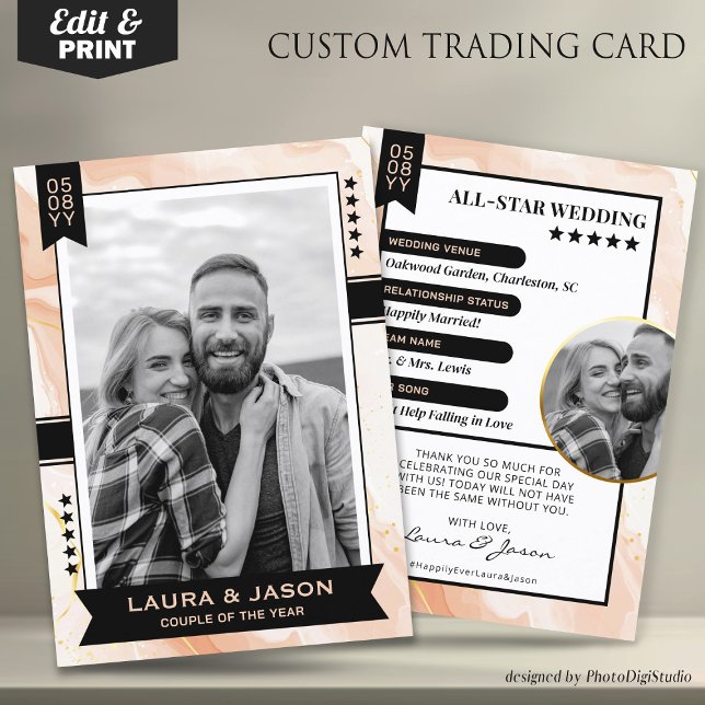 Carte de commerce Couple personnalisée, Merci Mari (Wedding Trading Card Template, Custom Couple Trading Card, Wedding Thank You Card Rose Gold & Black)