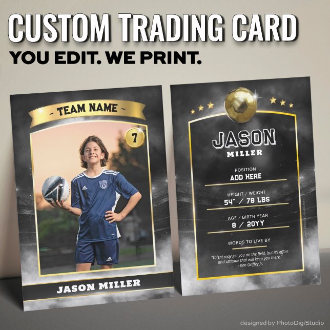 Carte de commerce de football sur mesure Black Gol (Custom Trading Card, Editable Soccer Trading Card, Modern Black Gold Stadium Design)