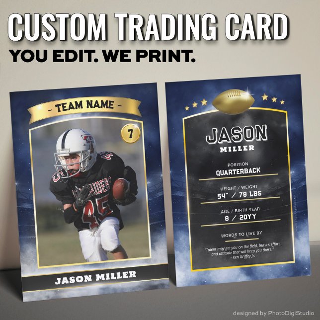 Carte de commerce de football sur mesure Blue Gold (Custom Trading Card Black, Editable Football Trading Card, Modern Blue Gold Stadium Design)