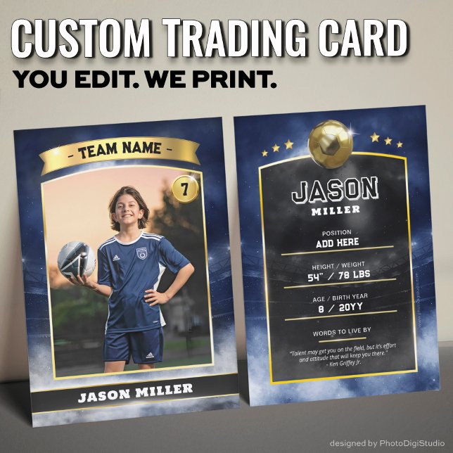 Carte de commerce de football sur mesure Blue Gold (Custom Trading Card, Editable Soccer Trading Card, Modern Blue Gold Stadium Design)