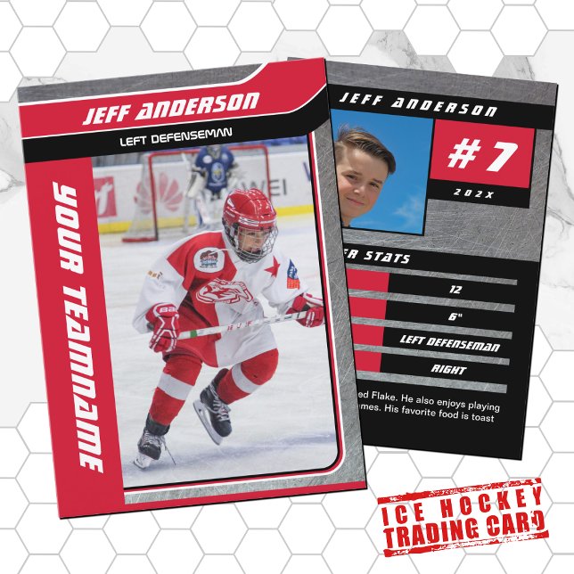 Carte de commerce de hockey sur glace en métal rou (Proudly share youre kids' achievements with this red black and metal card)
