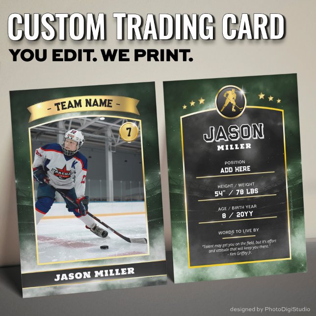 Carte de commerce de hockey sur glace sur mesure G (Custom Trading Card, Editable Ice Hockey Trading Card, Modern Green Gold Stadium Design)