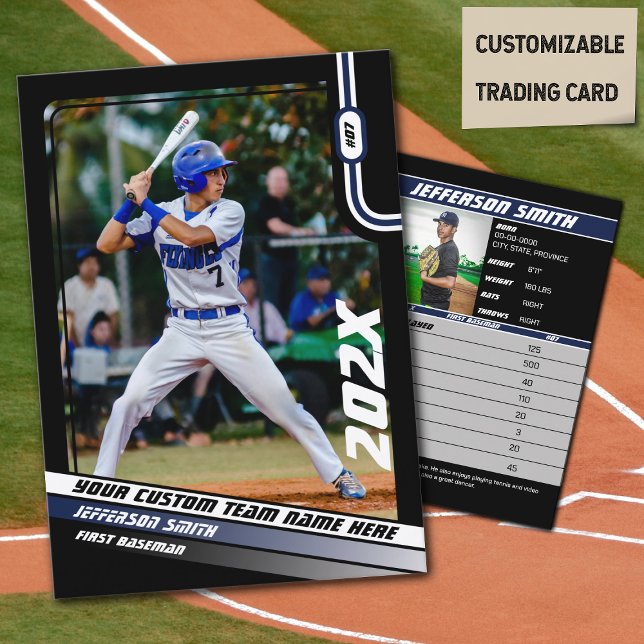 Carte de commerce de joueur de baseball Custom Blu (Baseball Player Trading Card in Black with Custom Team Name and Blue White Elements)