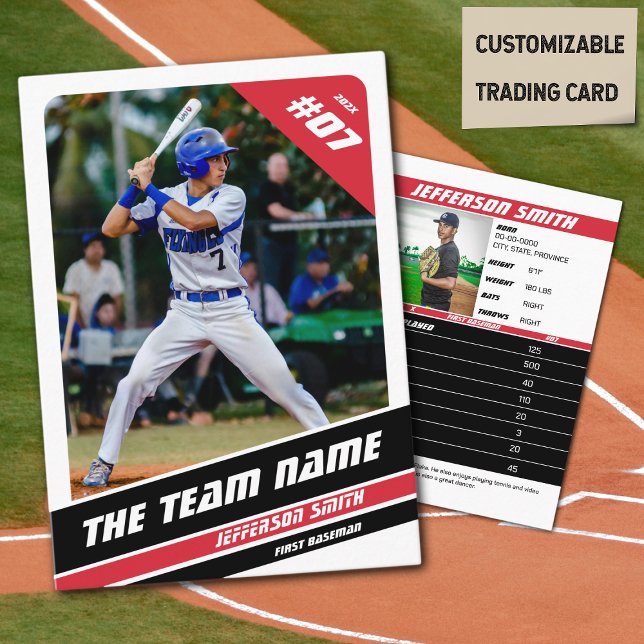 Carte de commerce de l'équipe de baseball cadeau R (Baseball Player Trading Card in White with Custom Team Name and White Red Elements)