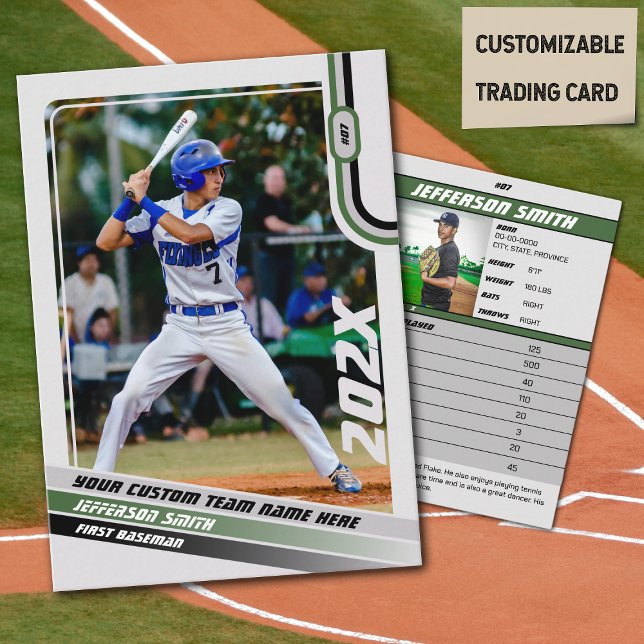 Carte de commerce du joueur de baseball Custom Gre (Baseball Player Trading Card in Light Grey with Custom Team Name and Green and Black Elements)