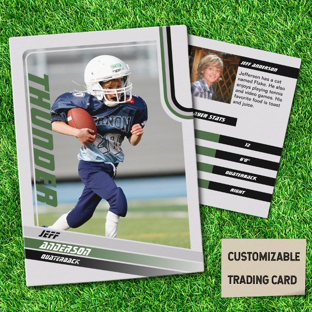 Carte De Commerce Green American Football Pour Enf (American Football Player Trading Card for Kids in Grey with Custom Team and Player Name Green)