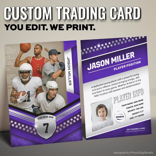 Carte de commerce personnalisée, Modèle Sport en a (Custom Trading Card Template, All Sport Trading Card, Modern Purple Silver Design for All Sports)