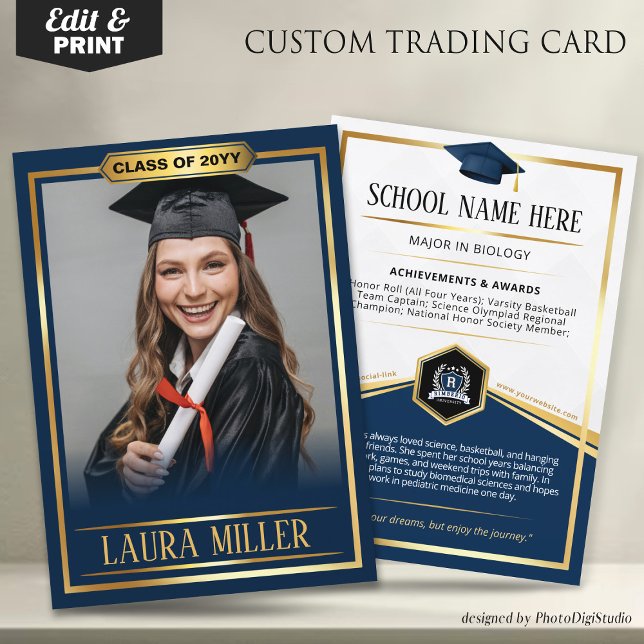 Carte de commerce pour diplômés éditable Elegant B (Editable Graduate Trading Card, Elegant Blue Gold Card, Custom Trading Card for Graduation)