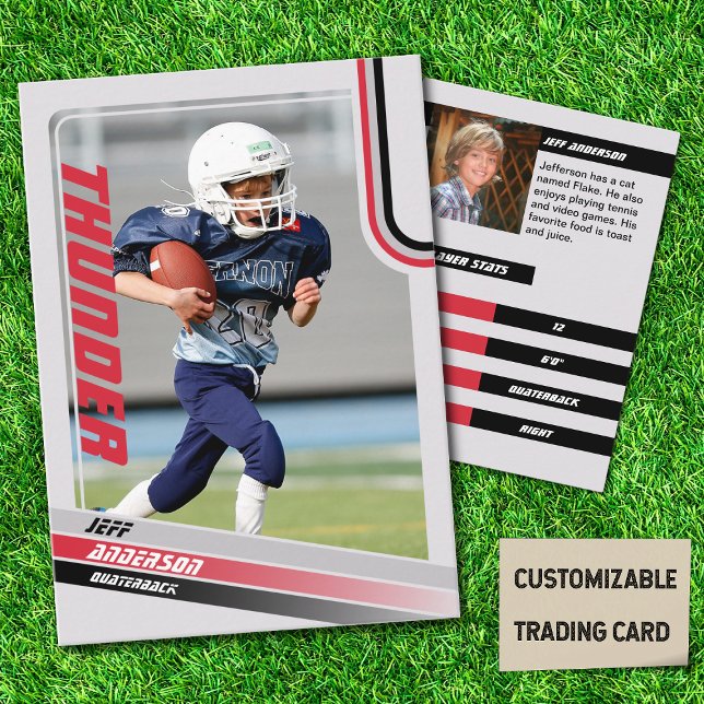 Carte De Commerce Red American Football Pour Enfan (American Football Player Trading Card for Kids in Grey with Custom Team and Player Name Red)