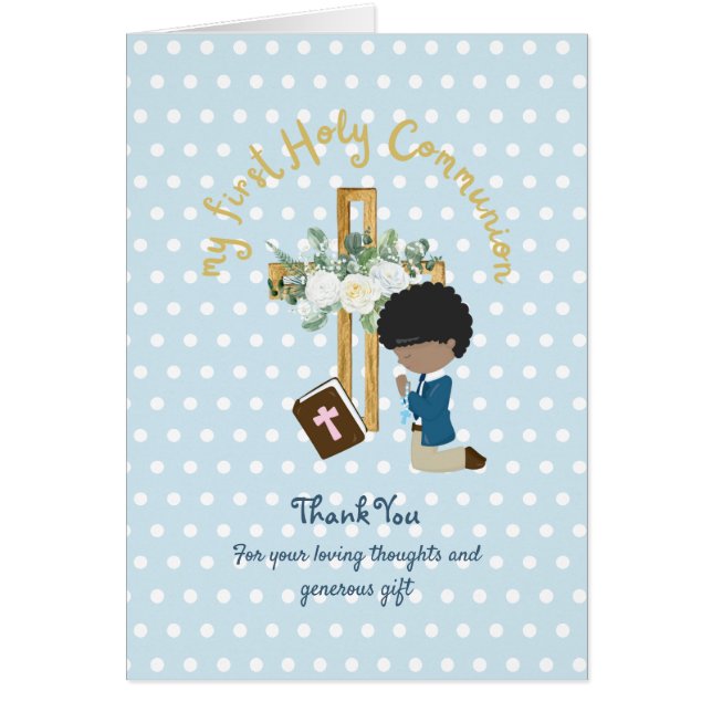 Carte de communion Merci du garçon - Cheveux noirs (Devant)