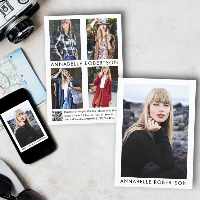 Carte de comp de modèle moderne Acteur 5 photo QR  (Customize to change background color, text size or text style. Available for prints and download.)