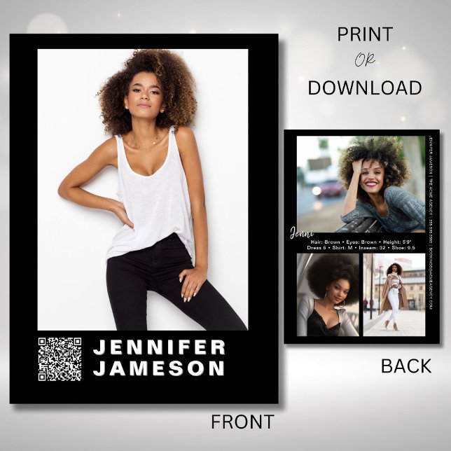 Carte de composite modèle de signature | Code QR + (Elevate your talent brand with this comp card featuring a QR code, and signature element on the back)