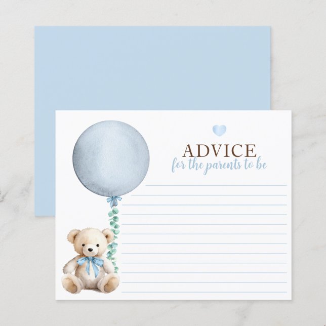 Carte de conseil Baby shower Blue Teddy Bear (Devant / Derrière)