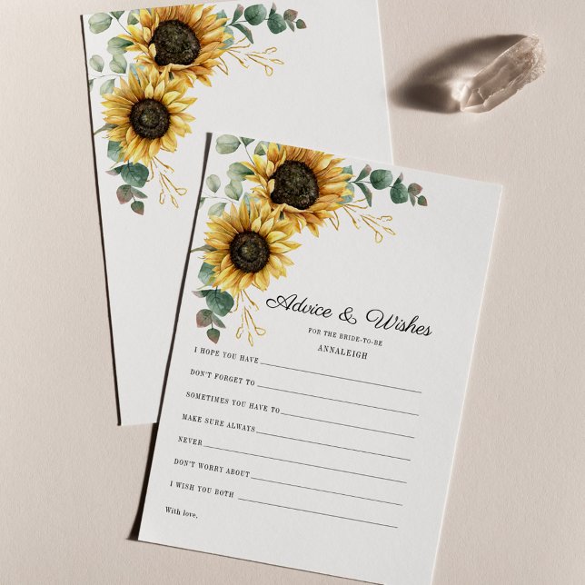 Carte de conseil de Fête des mariées de tournesol  (Floral Watercolor Sunflower Eucalyptus Greenery Wedding Wishes and Advice Card)