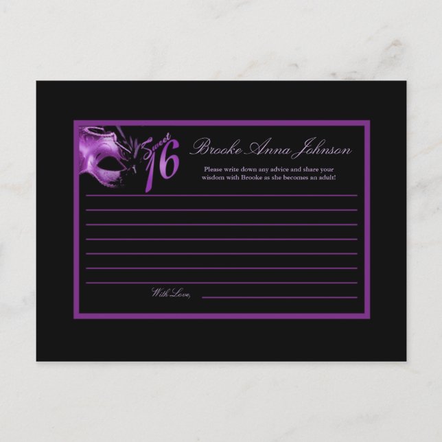 Carte de conseil écrit Sweet 16 violet Lilac noir (Devant)
