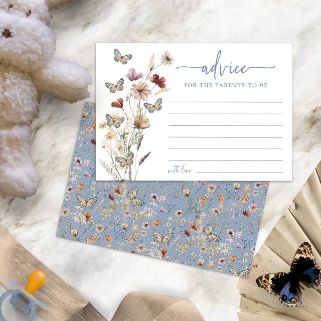 Carte de conseil Fleur sauvage Boho bleu (Dusty Blue Boho Wildflower Advice Card with Butterflies by Painted Paperie)