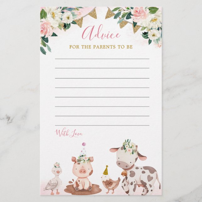 Carte de conseil pour Baby shower de ferme rose fi (Devant)