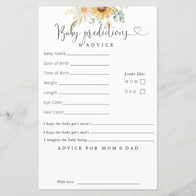 Carte de conseil Sunflower Baby Predictions (Devant)