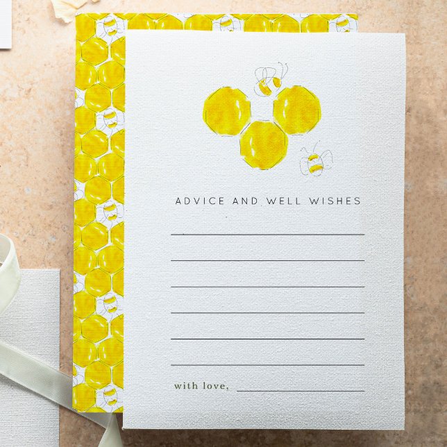 Carte de conseils et de vœux pour Baby Shower Bumb (Yellow watercolor buzzing bumble bees and honeycombs baby shower advice cards.)